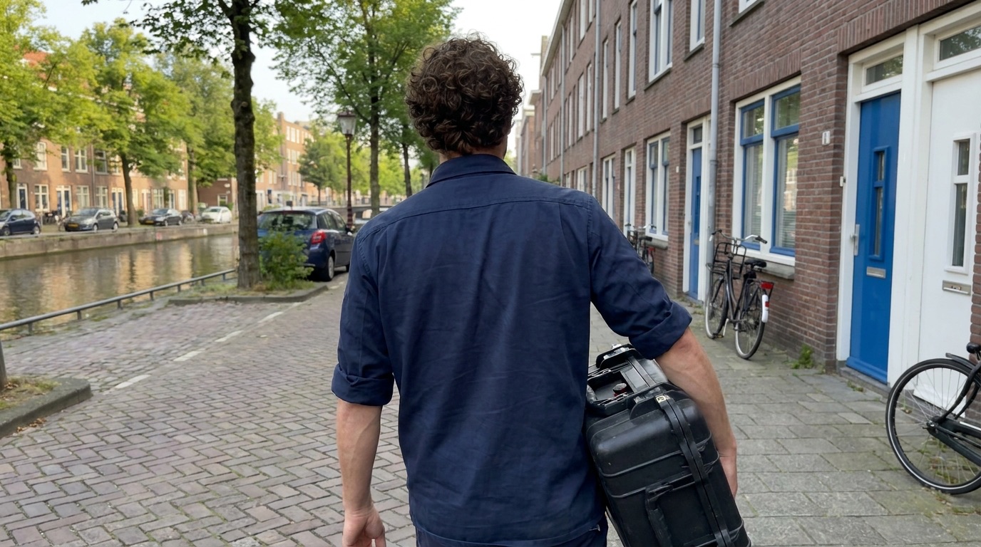 Slotenmaker onderweg langs een Amsterdamse gracht